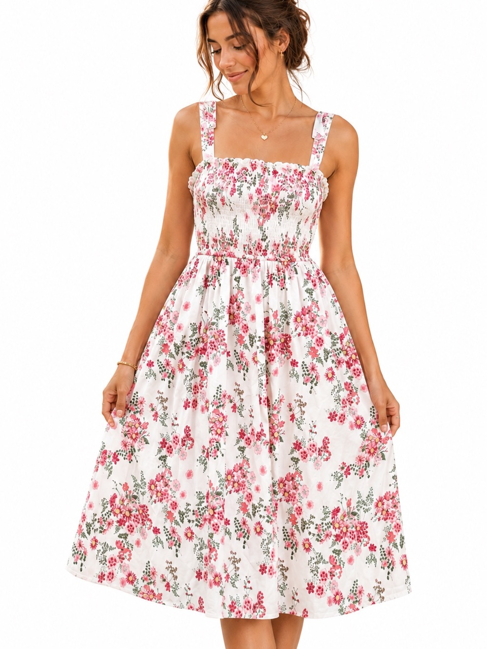 Baby Pink Floral Smocked Midi Dress with Pink Blossoms - XS